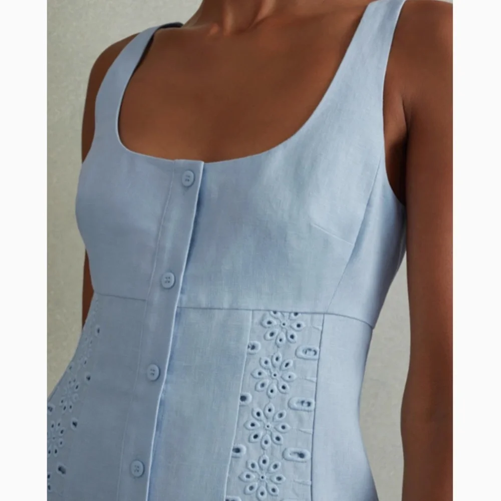 BEST REISS Clarice Broderie Midi Dress - Light Blue Spring Party Wedding Linen - Picture 4 of 10